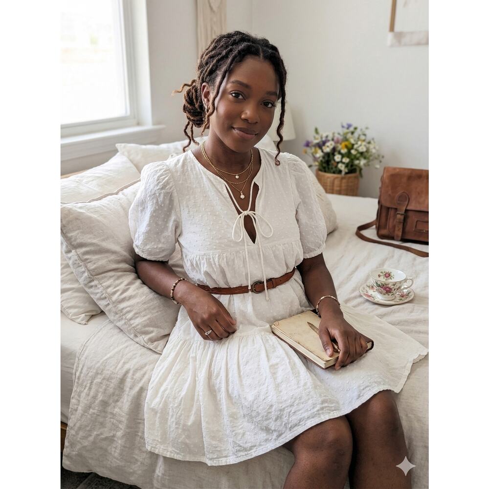 Curation Emerson Fry White Swiss Dot Milkmaid Tiered Mini Dress XS/S 100% Cotton